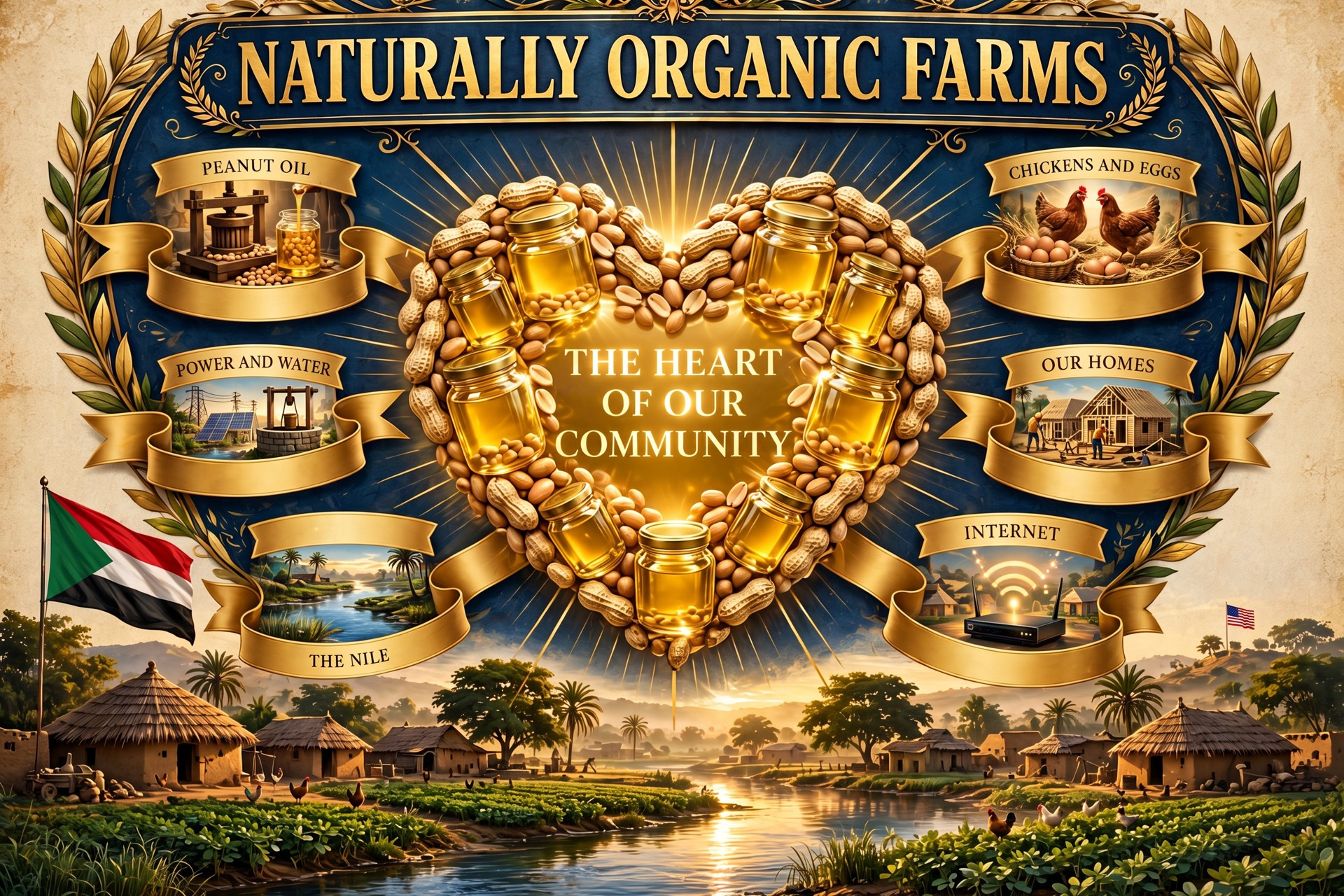 Naturally Organic Farms poster with the Sudan flag in front