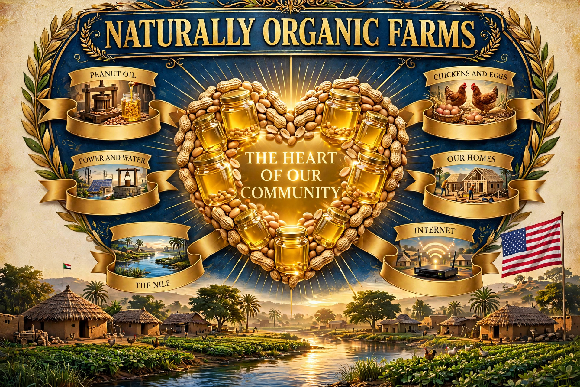 Naturally Organic Farms poster with the American flag in front